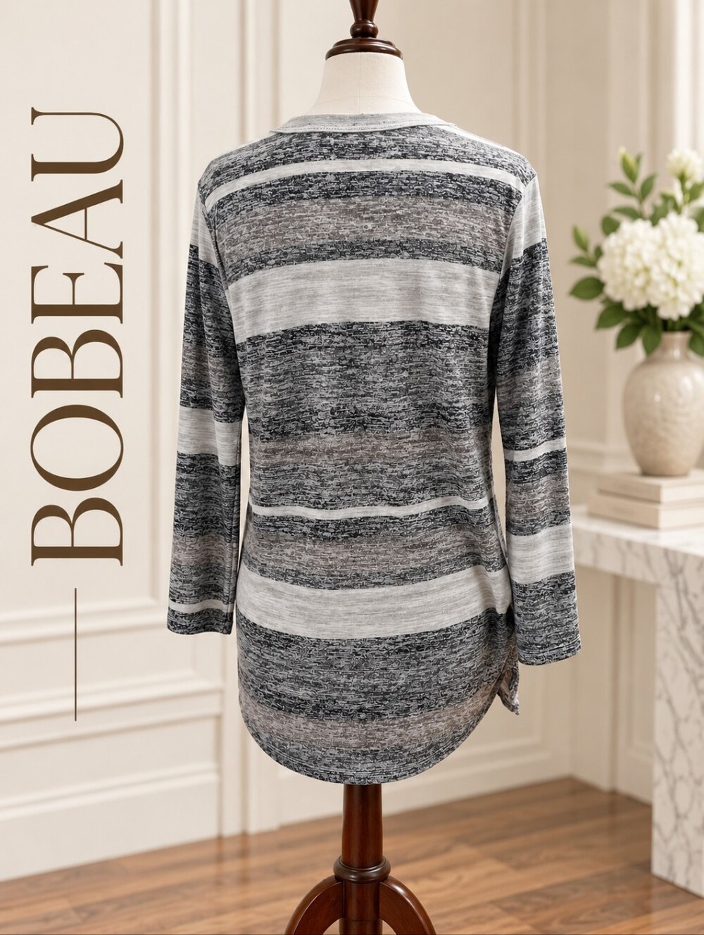 Bobeau Marled Stripe Side-Tie Tunic Top | Size Large